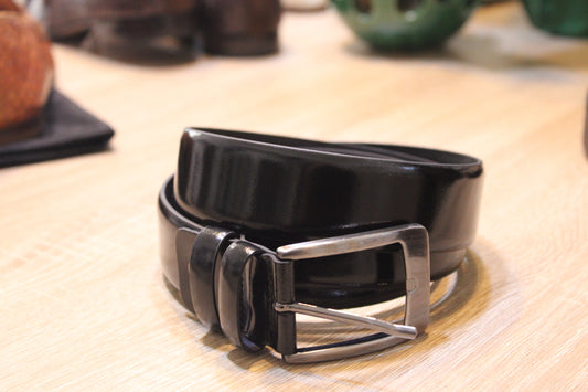 Cinturón de piel de becerro pulida – Negro, azul y marrón oscuro