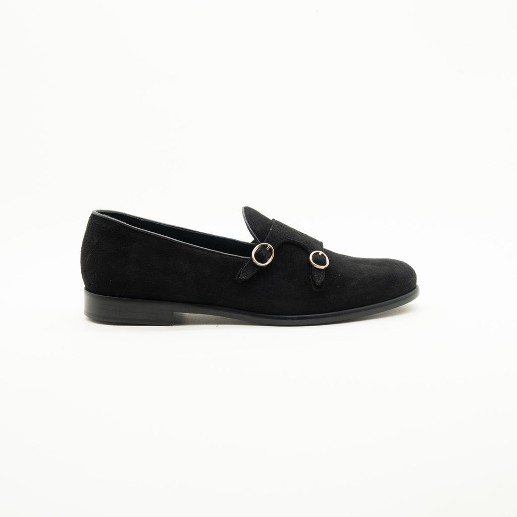 Mocassino Suede Nero Doppia Fibbia