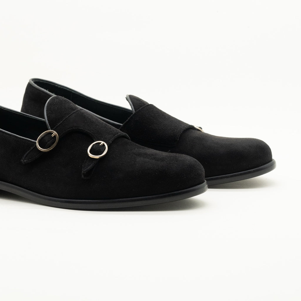 Mocassino Suede Nero Doppia Fibbia